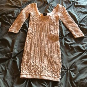 Bebe size M form fitting dress. Used, see photos. Color is rose smoke.